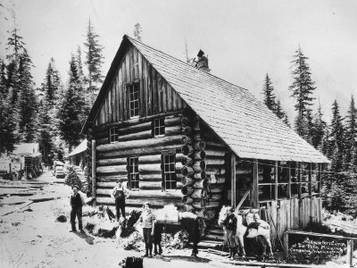 Edith & Jean Bedal with their pack horses at the Penn Mining Office, circa 1930, photo from the Darrington Historical Society