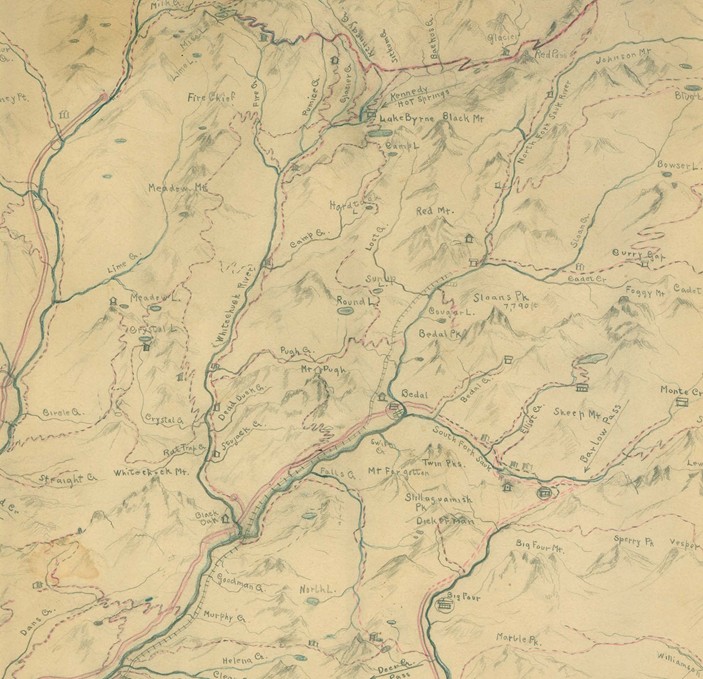 1930 era map, hand drawn by pioneer Nels Bruseth